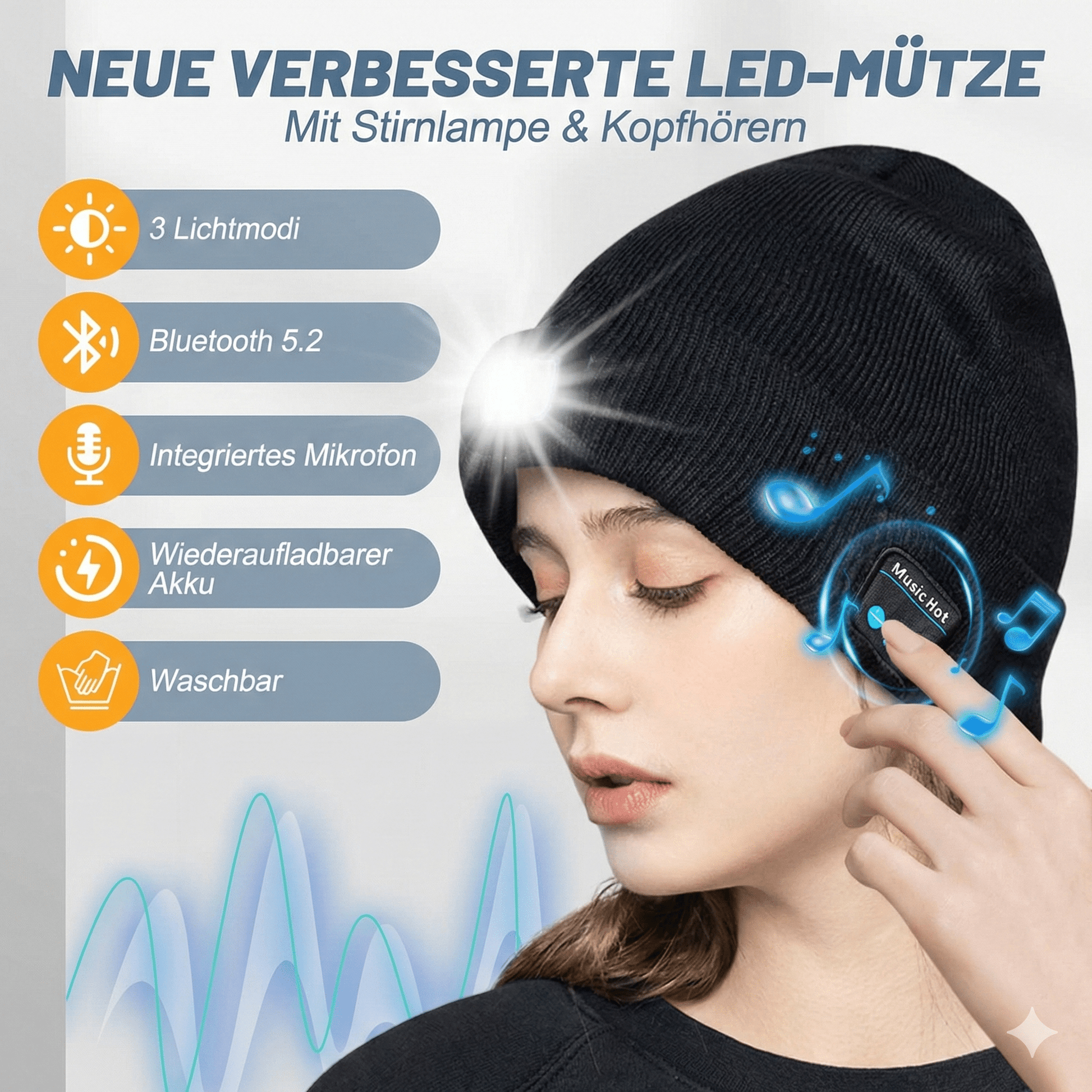 NightGuard™ – LED - Mütze mit Freihand - Beleuchtung & Bluetooth - Klarwen